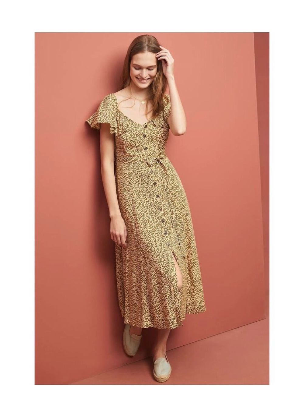 Anthropologie Mustard Ditsy-Print Button Midi Dress